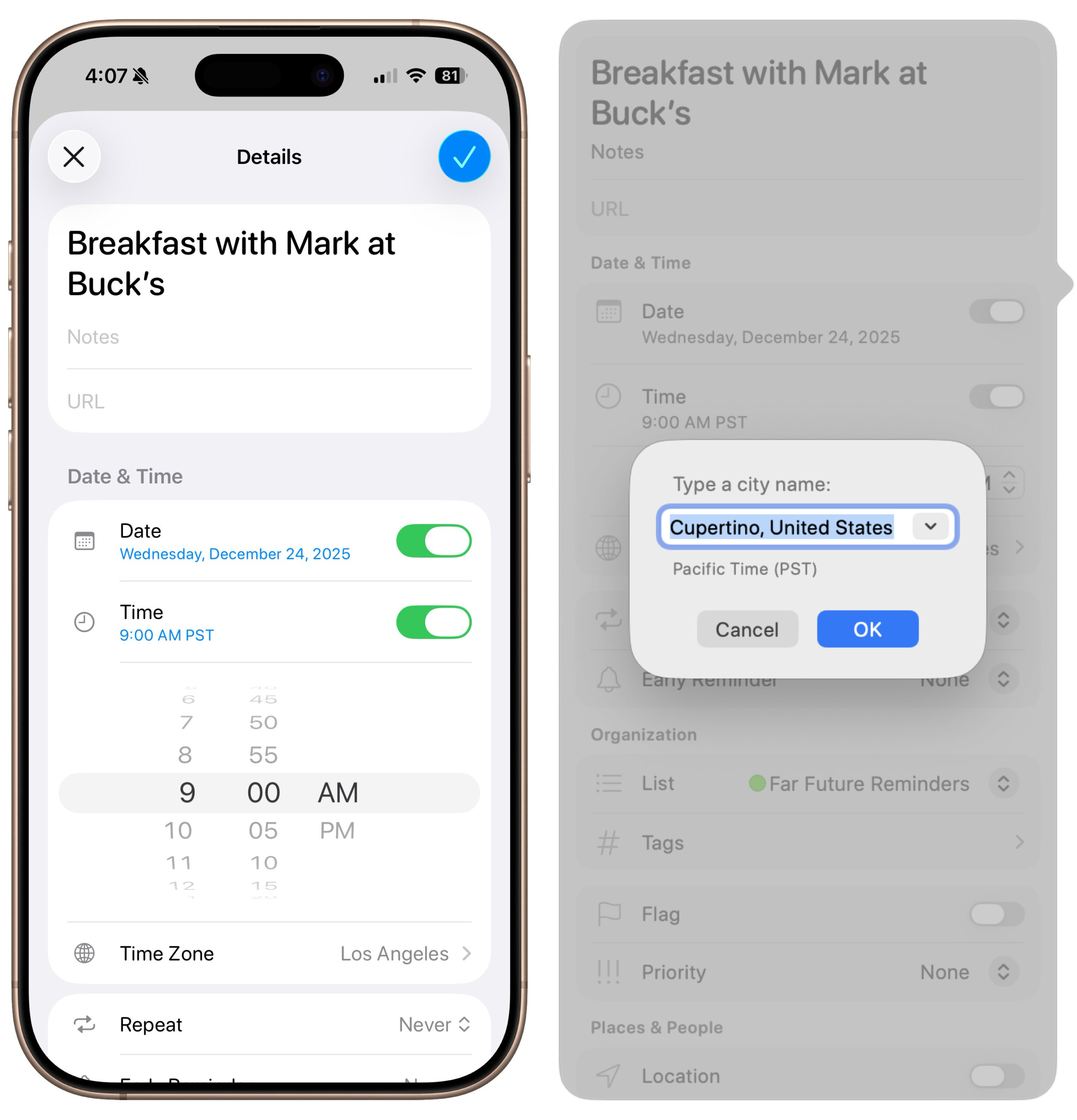 Reminders time zones scaled